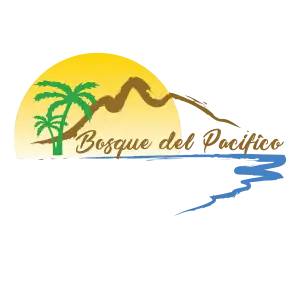 Bosque del Pacifico logo featuring a tropical sunset, palm trees, mountain silhouette, and ocean waves, representing eco-friendly real estate in Guanacaste, Costa Rica.