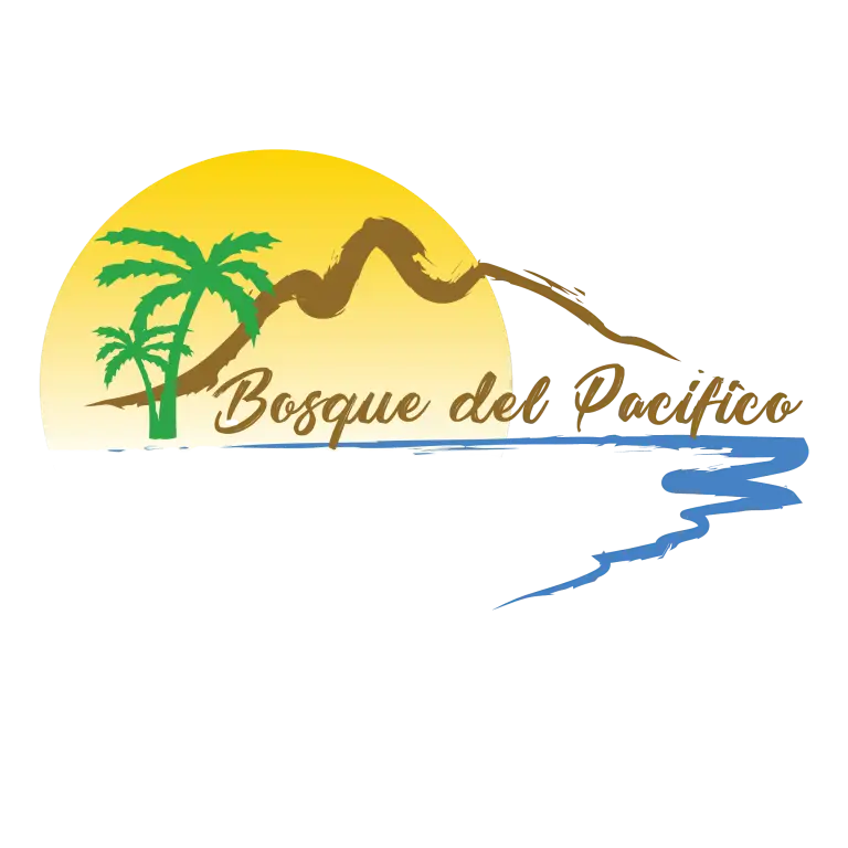 Bosque del Pacifico logo featuring a tropical sunset, palm trees, mountain silhouette, and ocean waves, representing eco-friendly real estate in Guanacaste, Costa Rica.